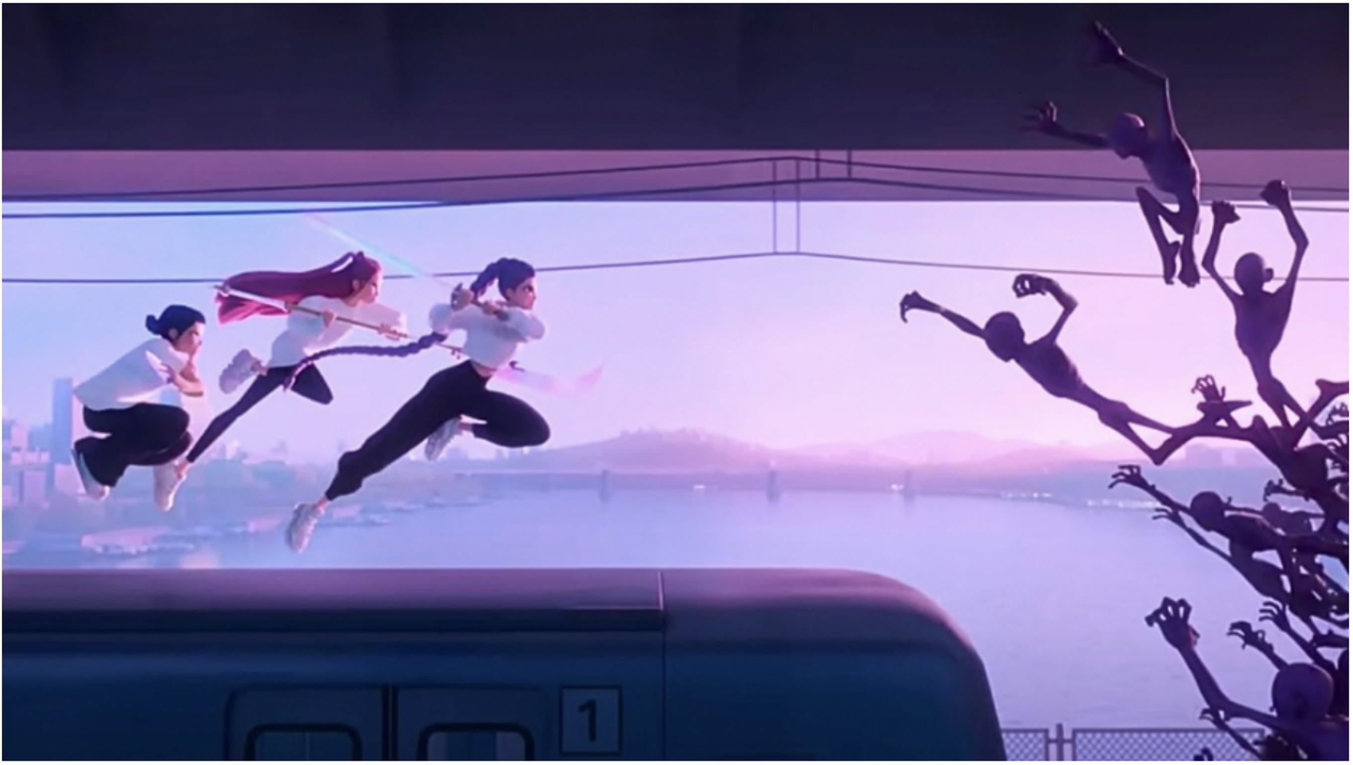 HUNTR/X fighting demons atop a subway train at Cheongdam Bridge in K-Pop Demon Hunters