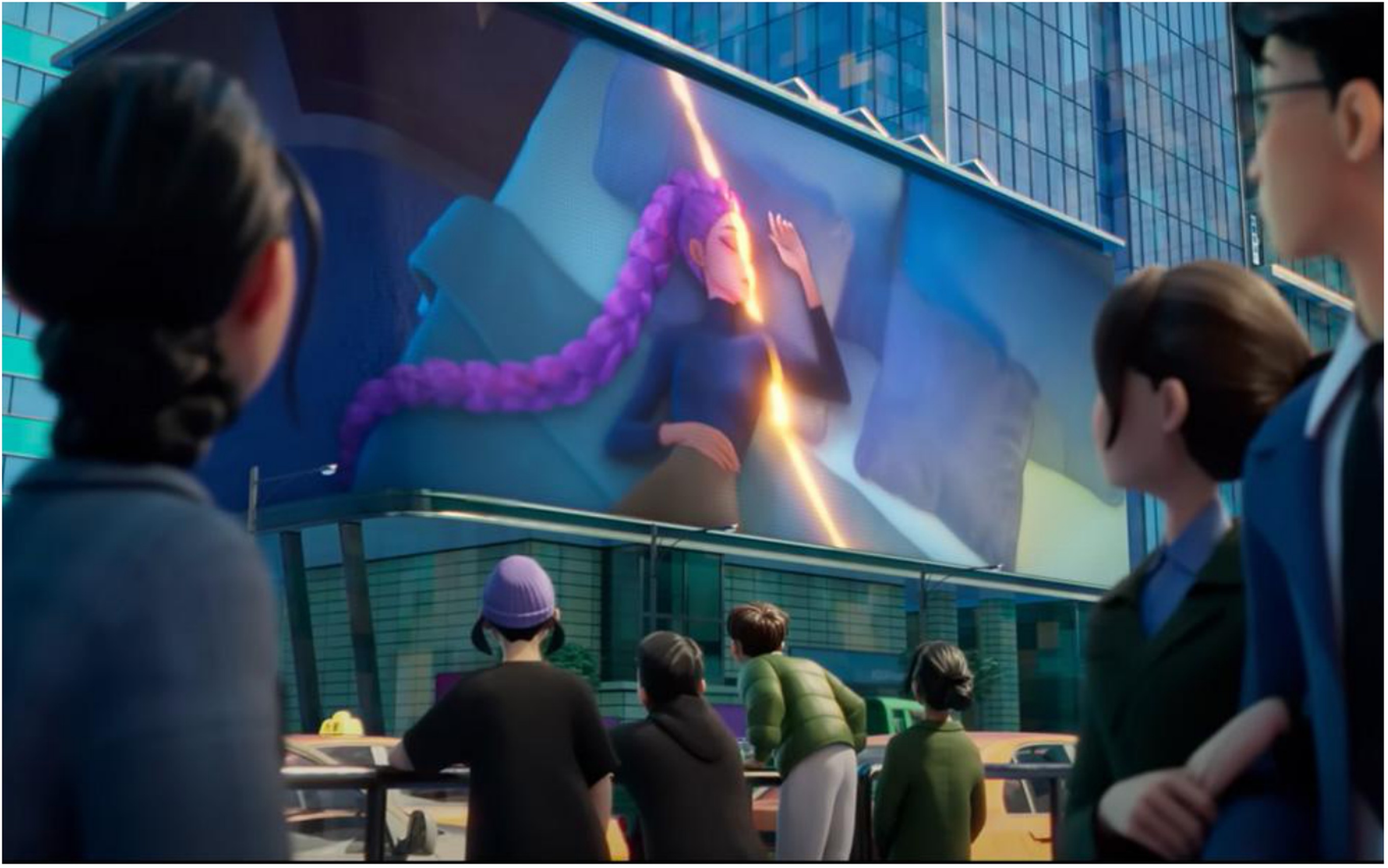 HUNTR/X's Golden music video on the COEX K-pop Square billboard in K-Pop Demon Hunters